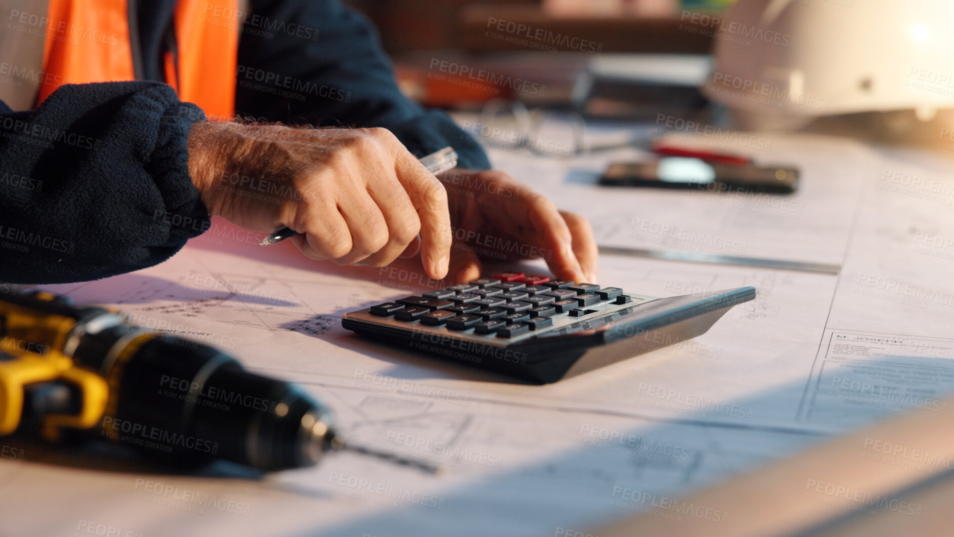 Buy stock photo Architect, blueprint and hands with calculator in construction site, design and property development. Civil engineer, calculation and person with tech for architecture project and quality assurance