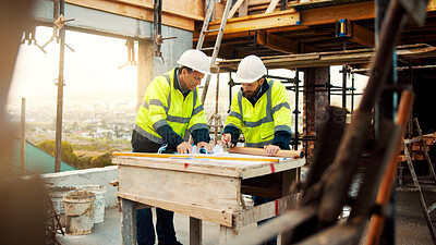 Buy stock photo Architect, team and strategy with blueprint on site for design vision, building layout or renovation. Construction, men or meeting with floor plan outdoor for structural review, upgrade or compliance