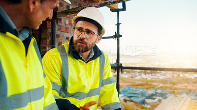 Buy stock photo Talking, engineer and men on construction site for building, planning or feedback for urban project. Teamwork, infrastructure progress or people with support for development, architecture or explain