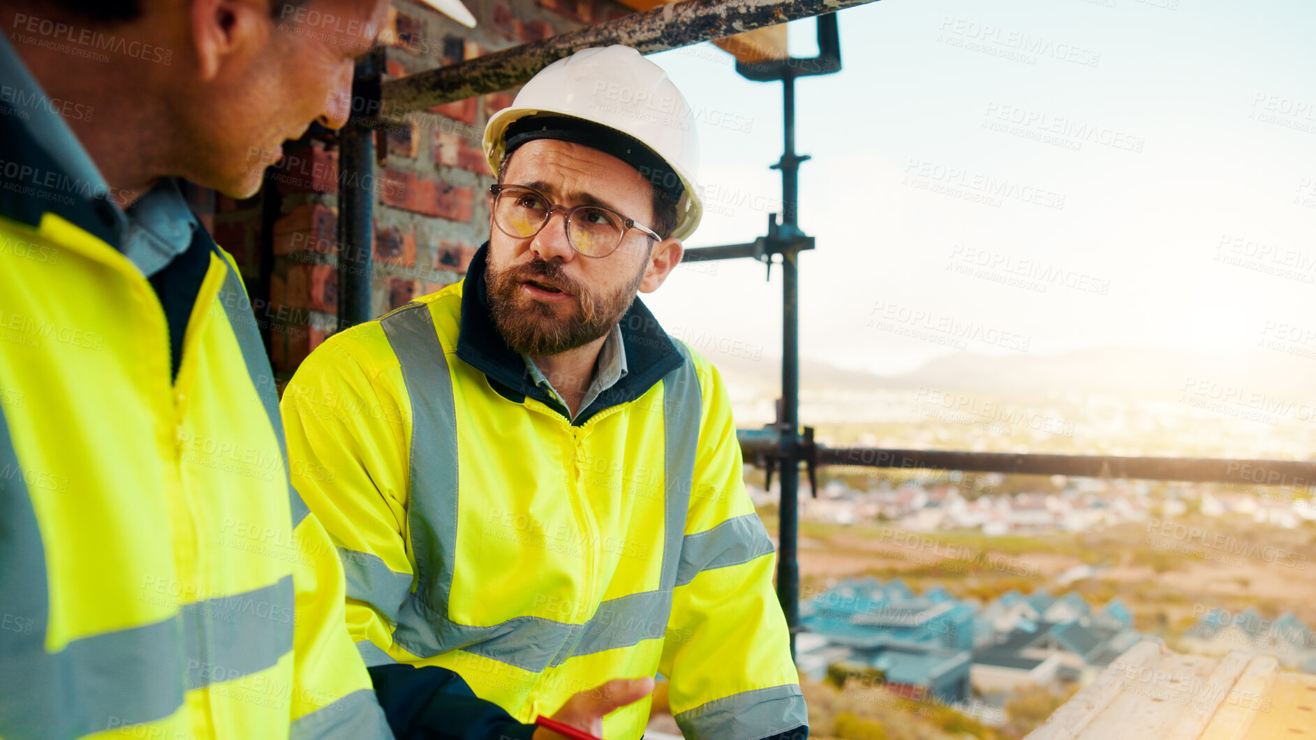 Buy stock photo Talking, engineer and men on construction site for building, planning or feedback for urban project. Teamwork, infrastructure progress or people with support for development, architecture or explain