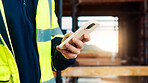 Construction, text or hands on site with phone, task instruction or inspection report in online chat. Space, man or engineer with tech, project brief or operations planning on digital platform.