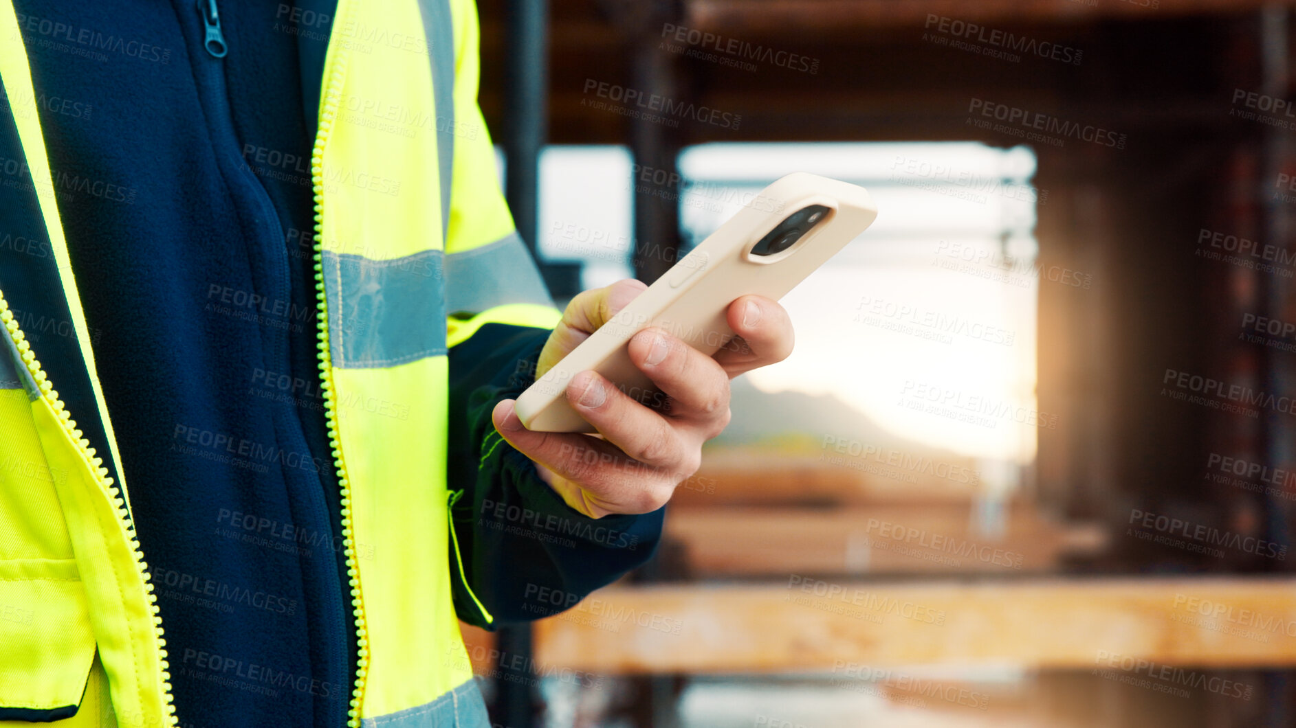 Buy stock photo Construction, text or hands on site with phone, task instruction or inspection report in online chat. Space, man or engineer with tech, project brief or operations planning on digital platform.