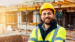 Portrait, architecture and man with arms crossed, construction site and urban development. Happy, person and employee in city, engineering and pride for infrastructure, safety and quality control