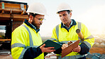 Architect, team and tablet with checklist for construction planning, project timeline or blueprint. Tech, clipboard or men talking outdoor for site inspection, safety regulations or building progress