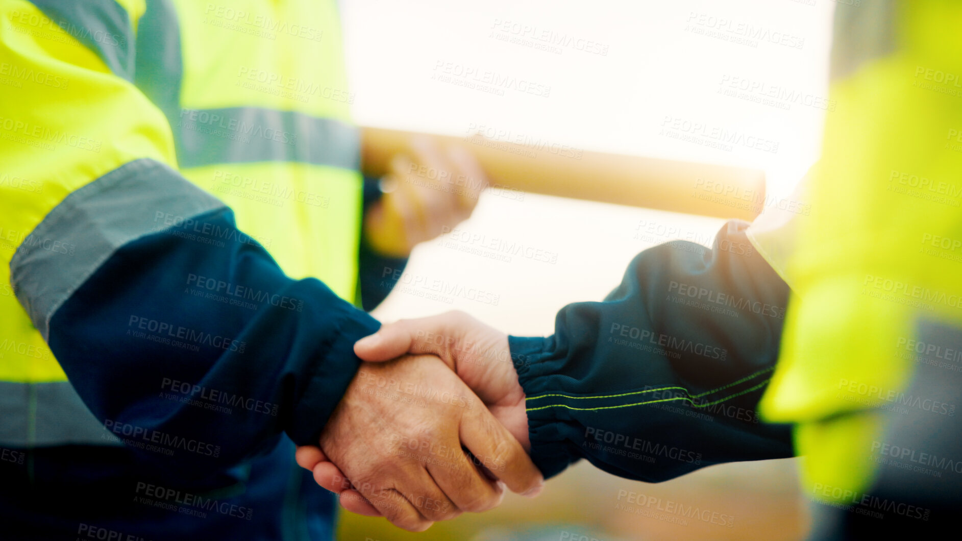 Buy stock photo People, contractor or deal with handshake for construction agreement or teamwork together on site. Engineer, builder or shaking hands in meeting for architecture design, building plan or partnership