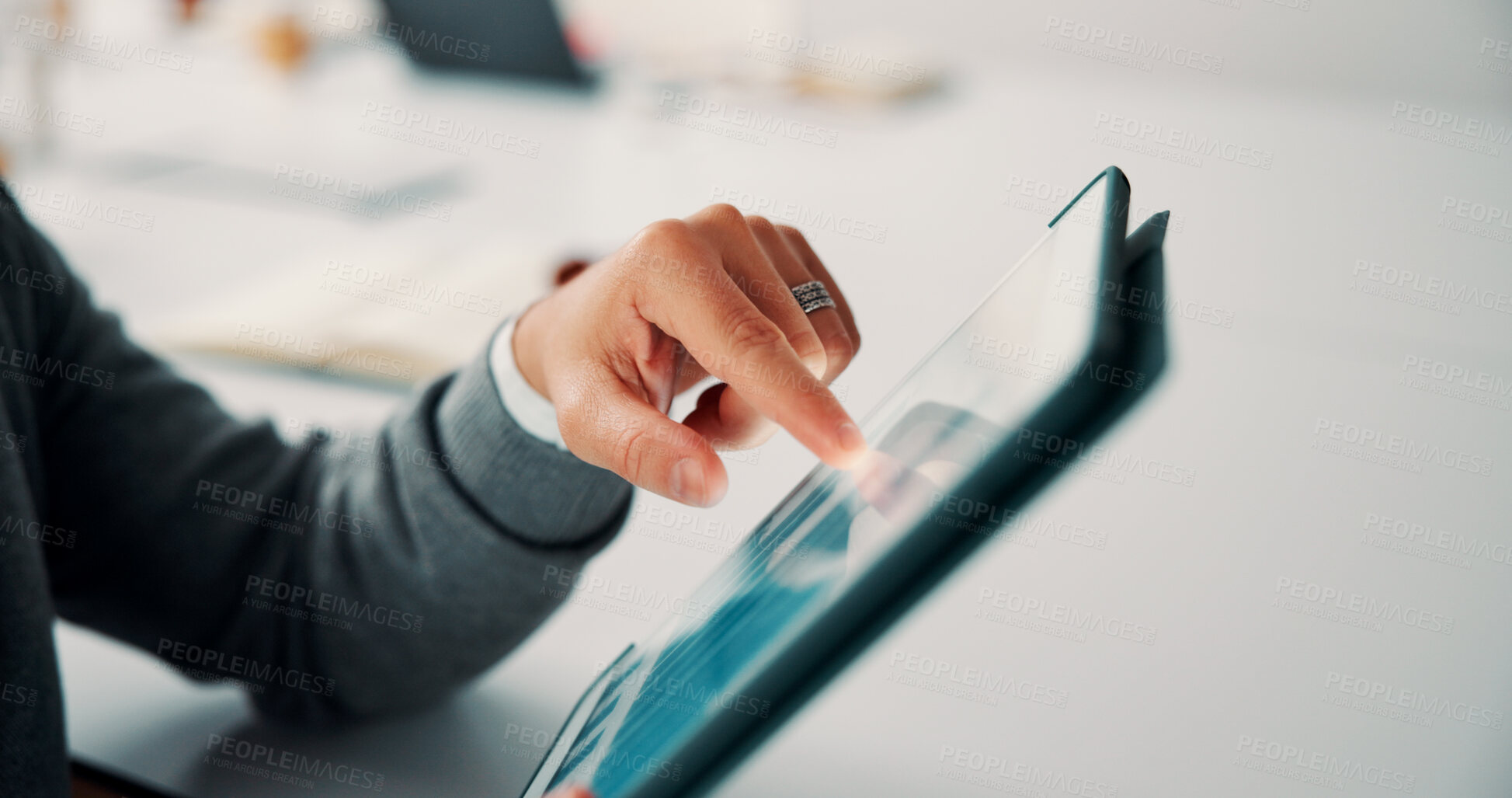 Buy stock photo Person, hands and tablet screen with chart for data analytics, increase or financial growth. Business, investment and accountant on digital tech for company revenue, profit or stats review in office