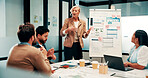 Finance, presentation or team in agency with whiteboard, budget analysis or brief on funding strategy. Meeting, people or data analyst with speaker, metric review or forecast plan in investment pitch