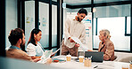 Finance, presentation or team in workplace with paper, budget analysis or brief on funding strategy. Meeting, people or data analyst with speaker, metric review or forecast plan in investment pitch.