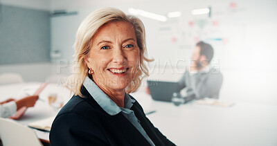 Buy stock photo Business, portrait or woman in agency with smile, pride or ambition as investment advisor. Meeting, person or mature financial consultant with confidence, career growth or about us in risk management