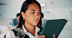 Reading, online and businesswoman with tablet in office, serious and planning for pr campaign on web. Business, publicist and person with tech for project, public relations and creative research
