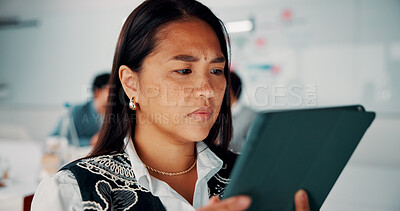 Buy stock photo Reading, online and businesswoman with tablet in office, serious and planning for pr campaign on web. Business, publicist and person with tech for project, public relations and creative research