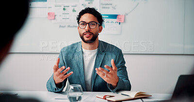Buy stock photo Consultation, talking and business man in office for advice, investment data or risk management. Client, people or discussion for financial project, meeting or budget review with strategy analysis