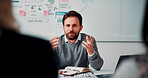 Consultation, meeting and business man in office for advice, investment feedback or risk management. Client, people or discussion for financial project, assets or budget review with strategy analysis