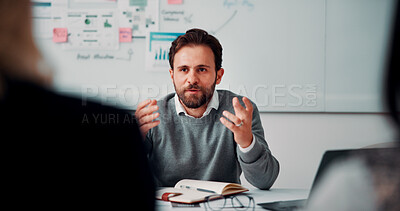 Buy stock photo Consultation, meeting and business man in office for advice, investment feedback or risk management. Client, people or discussion for financial project, assets or budget review with strategy analysis