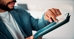 Tablet, hands and businessman in office with statistics for finance report with revenue growth. Technology, scrolling and financial manager with graphs, charts or data for investment in workplace.