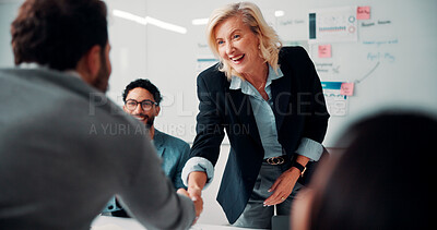 Buy stock photo Success, handshake and people in meeting, partnership or thank you for data analytics agreement. Manager, negotiation and shaking hands for performance review, b2b investment and business growth