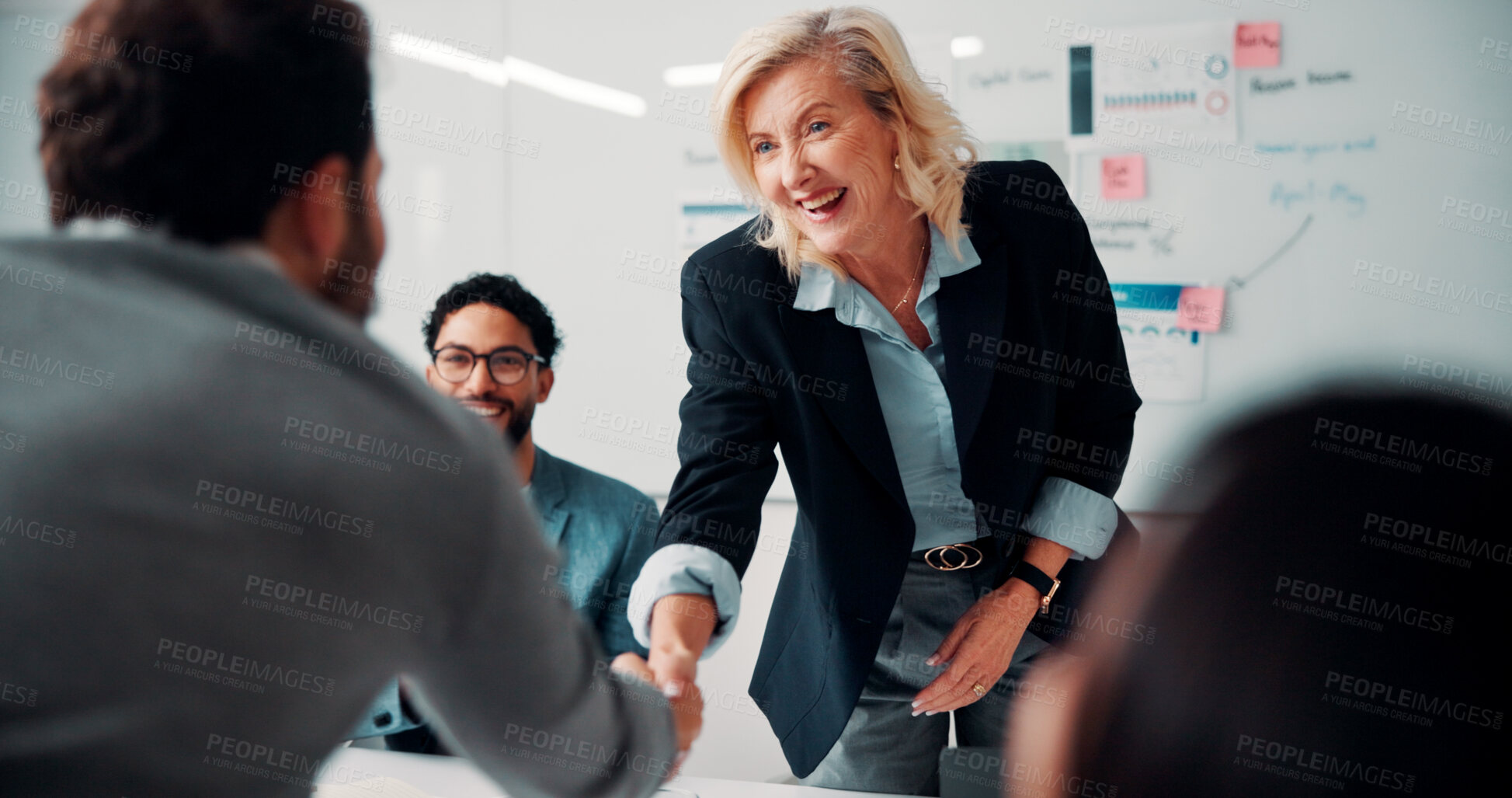 Buy stock photo Success, handshake and people in meeting, partnership or thank you for data analytics agreement. Manager, negotiation and shaking hands for performance review, b2b investment and business growth