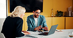 Team, planning and business people with laptop in office for advice, investment evaluation or idea. Meeting, computer and discussion for financial project, assets or budget review with proposal