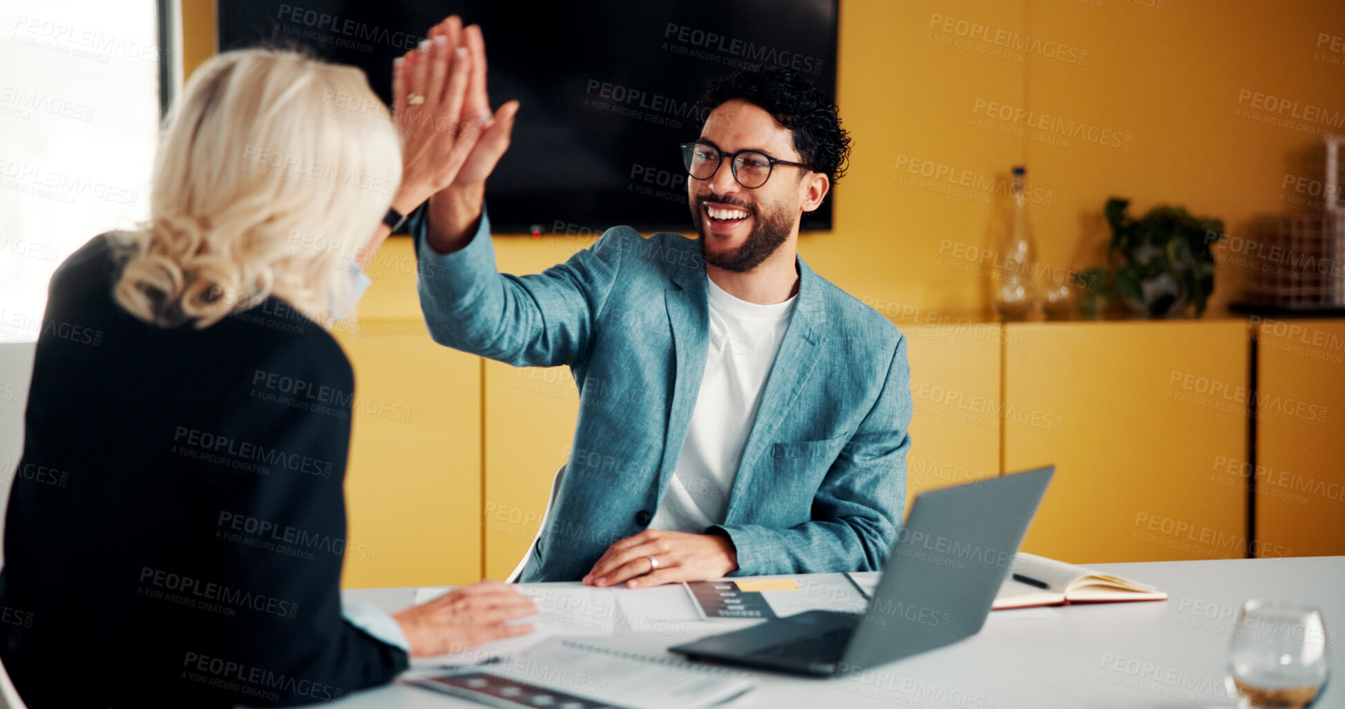 Buy stock photo Meeting, people and high five with laptop for financial advisor, agreement or business success. Investment, documents and investor with hands together for thank you, support and risk management