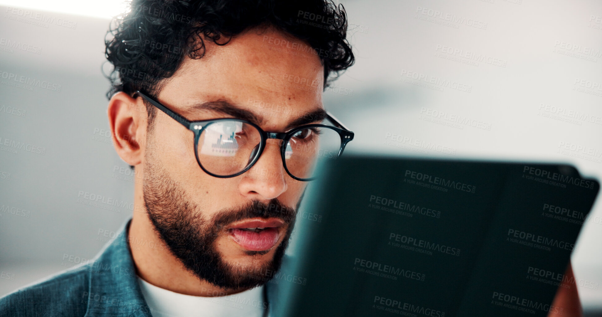 Buy stock photo Tablet, glasses and businessman in office with research for finance report with revenue growth. Digital technology, reading and financial manager with feedback on investment proposal in workplace.