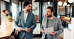 Walking, documents and business men in office for discussion, finance review and proposal feedback. Corporate, partnership and people with paperwork, financial report and portfolio for investment
