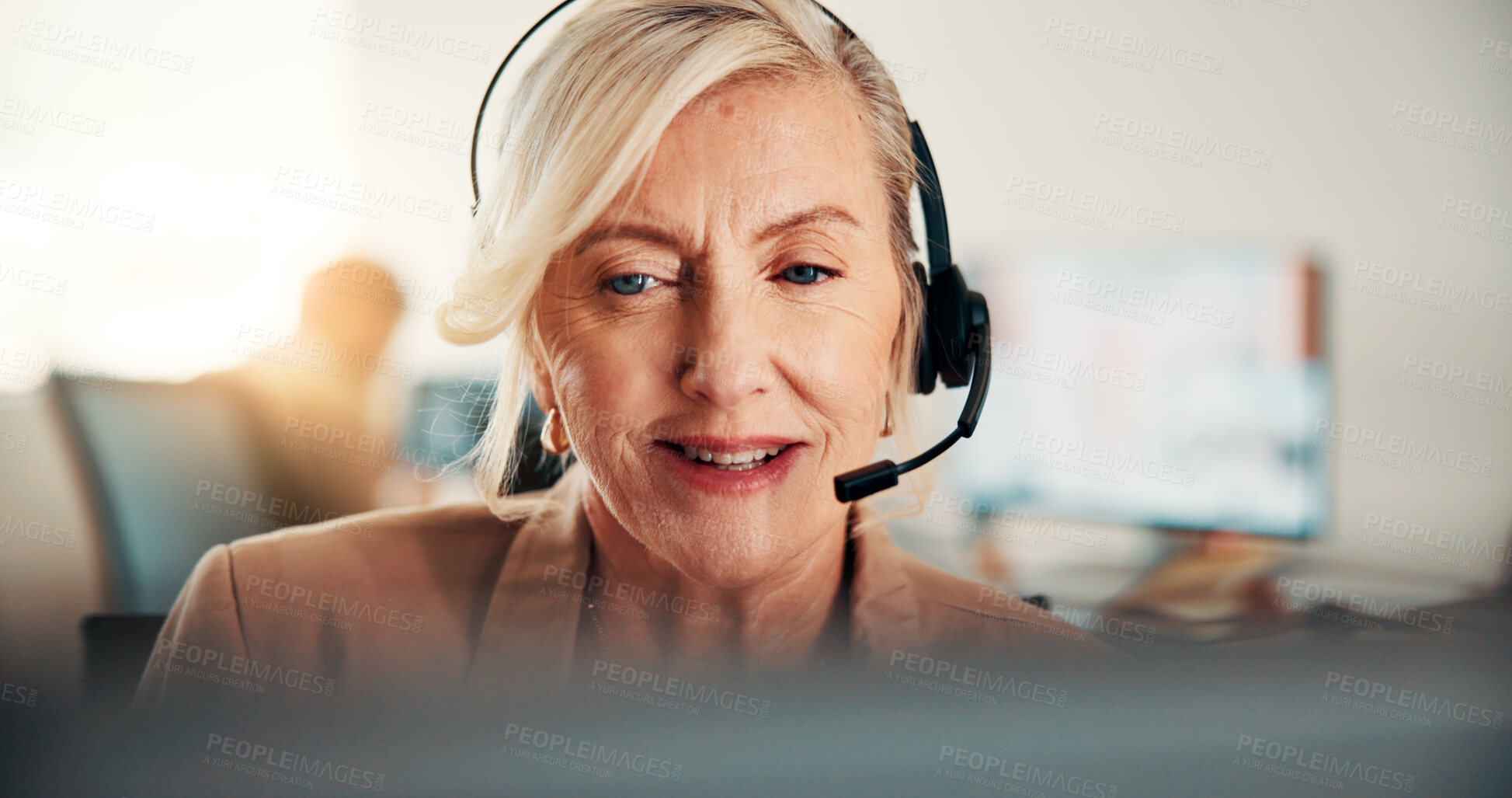 Buy stock photo Headset, woman and call center on computer for business, communication and customer support. Virtual, help and mature consultant in office with advice, online services and problem solving on website