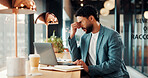 Laptop, headache and man in cafe with remote work, problem solving or deadline for investment. Stress, fatigue and online broker with pressure for decision, debt or financial risk in coffee shop