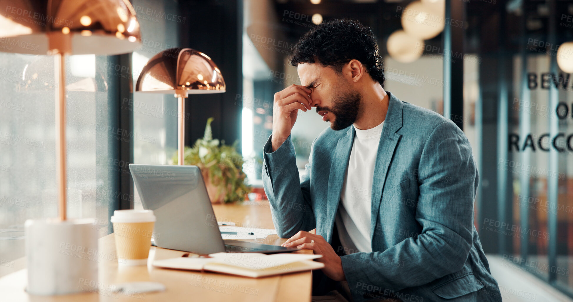 Buy stock photo Laptop, headache and man in cafe with remote work, problem solving or deadline for investment. Stress, fatigue and online broker with pressure for decision, debt or financial risk in coffee shop