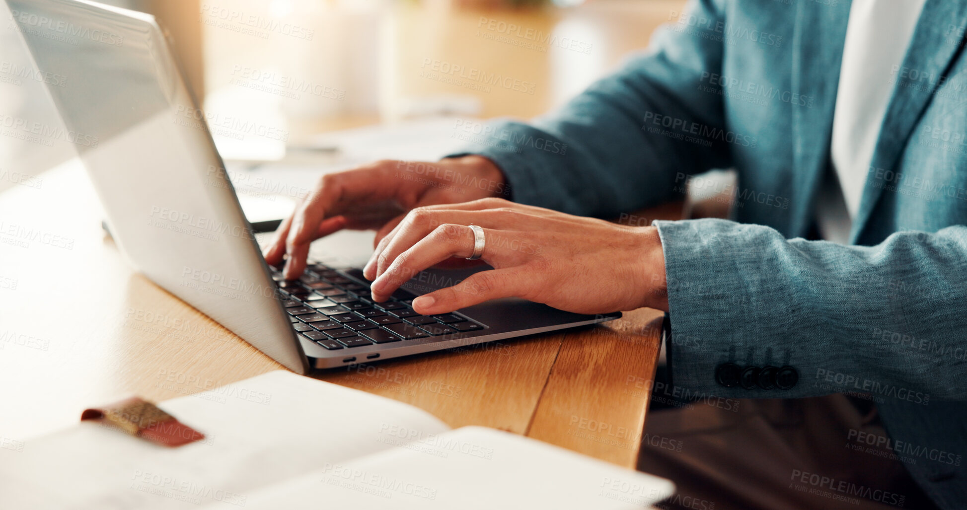 Buy stock photo Laptop, hands and person typing for online planning, email or business proposal for opportunity. Keyboard, computer and entrepreneur with web information, productivity and research for job investment