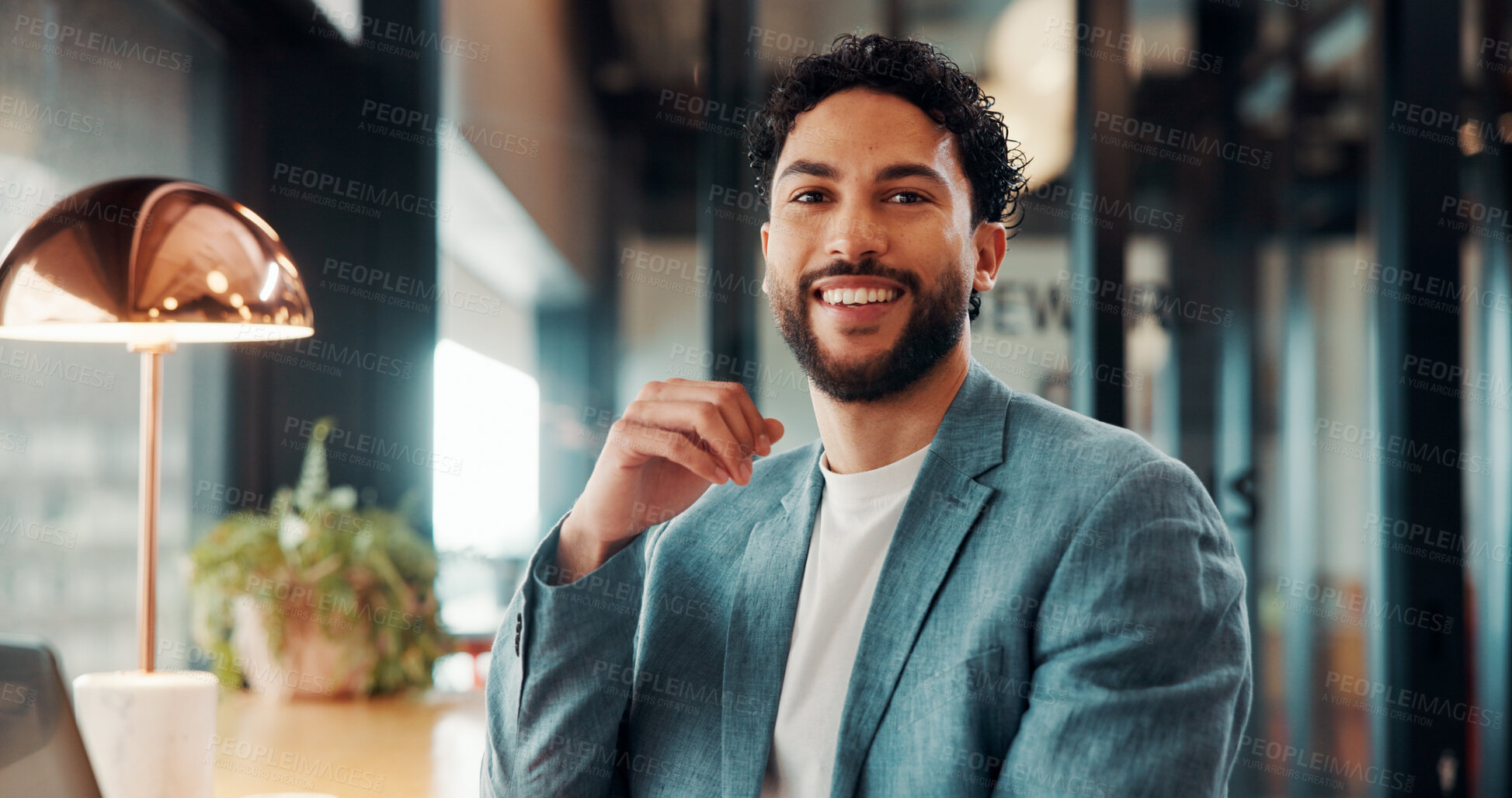 Buy stock photo Creative, portrait and man with smile in business, ambition or brand manager with career development. Happy, employee and person with pride for job experience, marketing and opportunity in office