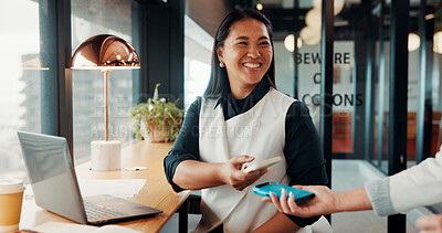Buy stock photo Phone, woman and payment for remote work in cafe with transaction, POS machine and laptop. Waiter, customer service and freelancer with fintech for contactless, banking and mobile tap in coffee shop