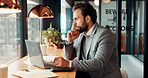 Laptop, thinking and businessman by cafe window for investment solution, planning and finance. Restaurant, reflection and person on computer for financial review, problem solving and budget decision