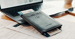 Laptop, documents and passport ticket for travel, airline research and booking flight. Pc, paperwork and boarding pass for immigration, visa application and identity information for hotel reservation
