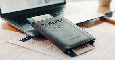 Buy stock photo Laptop, documents and passport ticket for travel, airline research and booking flight. Pc, paperwork and boarding pass for immigration, visa application and identity information for hotel reservation