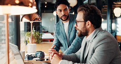 Buy stock photo Discussion, laptop and business men in office with research for finance report with budget. Conversation, computer and financial advisor with manager for feedback on investment profit in workplace.