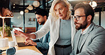 Discussion, laptop and business people in office with research for finance report with budget. Conversation, computer and financial advisor with manager for feedback on investment profit in workplace