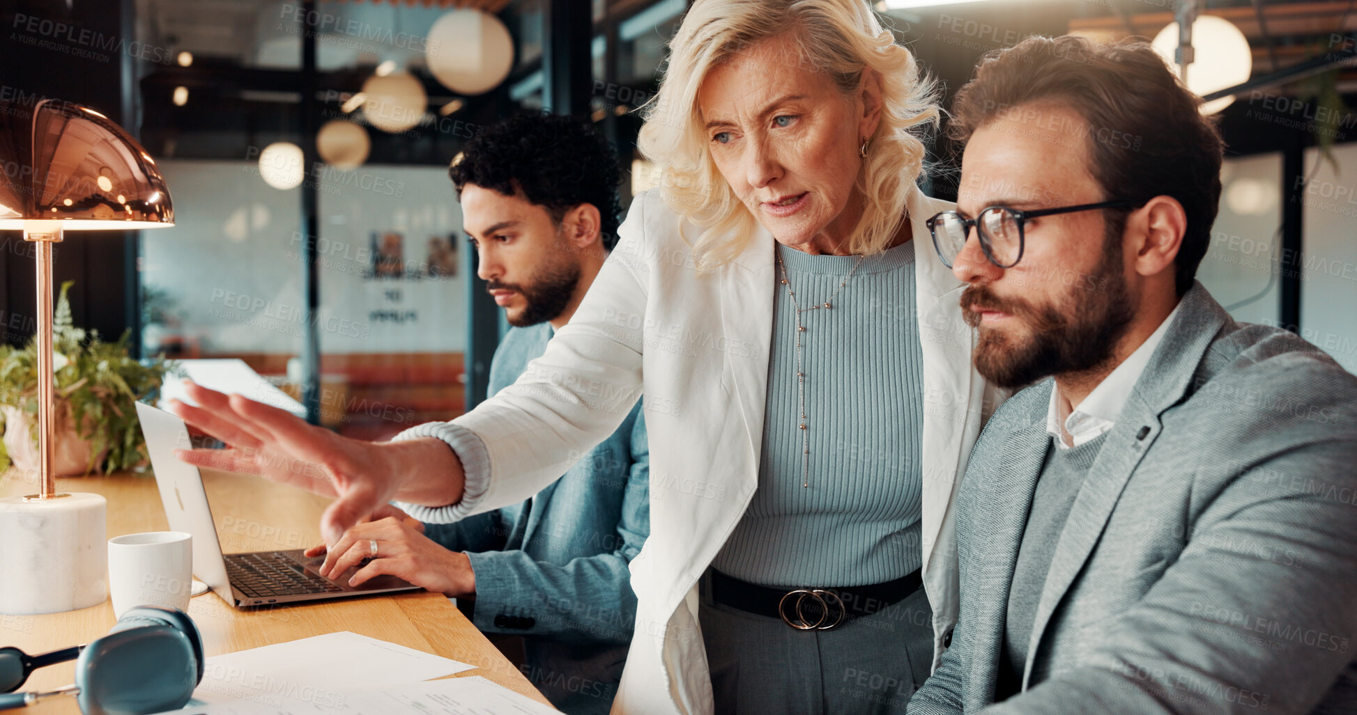 Buy stock photo Discussion, laptop and business people in office with research for finance report with budget. Conversation, computer and financial advisor with manager for feedback on investment profit in workplace