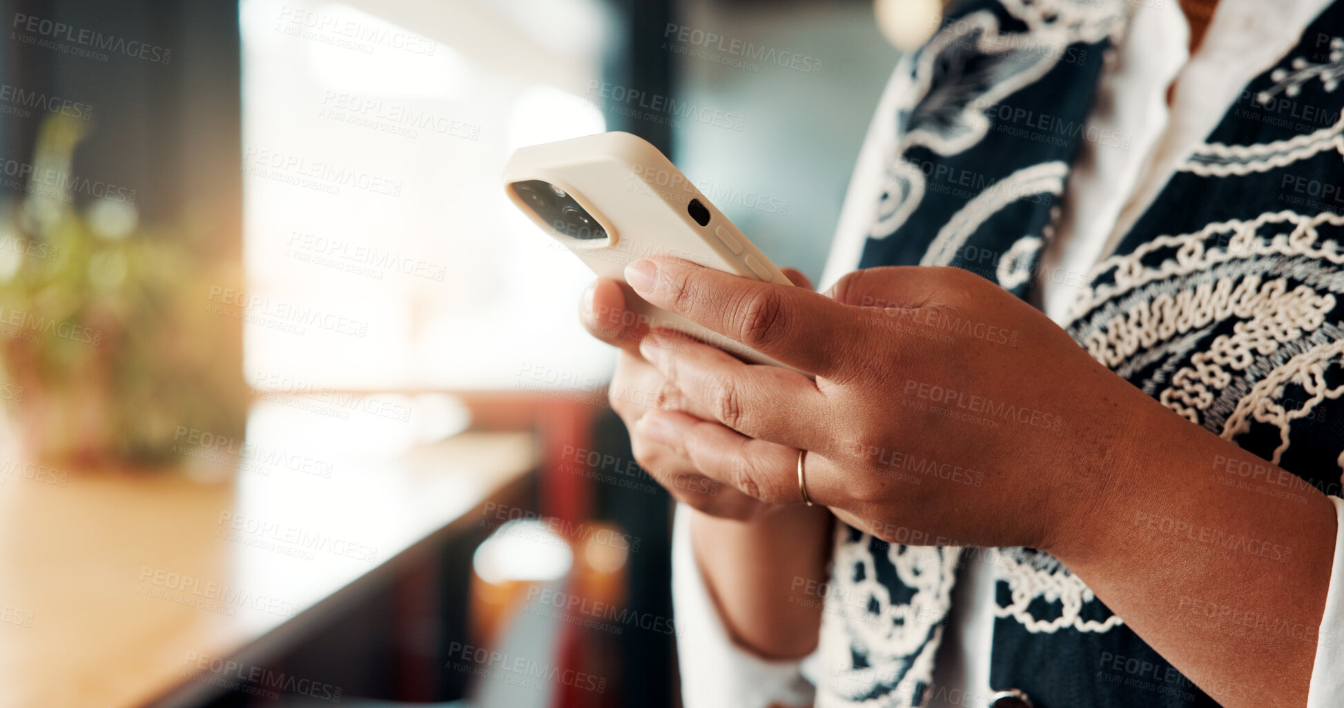 Buy stock photo Hands, person and phone research in office for trade execution, economy news or portfolio review. Trader, employee or stocks app at workplace for online investment, monitor account or market trends