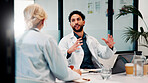 Laptop, discussion and doctors in office for research on medical diagnosis, treatment or surgery plan. Computer, meeting and team of healthcare people with collaboration for procedure schedule.