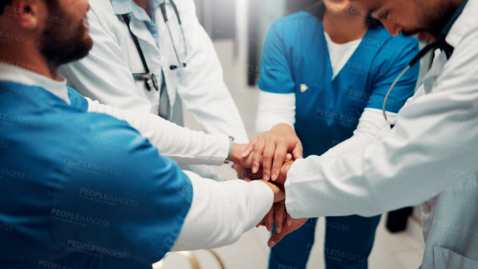 Buy stock photo Teamwork, hospital and doctors with hands stack for collaboration, support and solidarity. Healthcare, clinic and people in huddle for union, synergy and achievement for medical service together