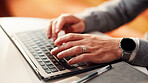 Typing, hands and employee with laptop in business, copywriting and email marketing on social media. Copywriter, online and person with keyboard for blog post, creative and ad campaign on website