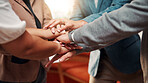 Stack, hands and team for support in office with goals, celebration or solidarity at startup. Business people, achievement and circle with success and link for group motivation at creative agency