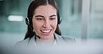 Call center, computer and talk with business woman in office for contact us, troubleshooting and help desk. Customer support, smile and tech hotline with person in agency for consulting and chat