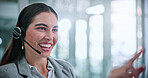 Woman, happy and call center consultant with headset in office with crm or sales consultation. Talking, mic and female telemarketing agent with omnichannel system for online advisory in workplace.