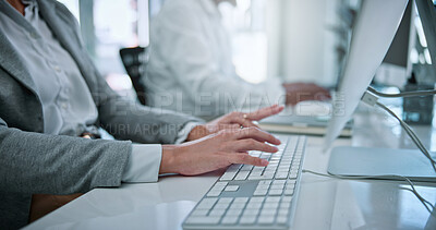 Buy stock photo Business, typing or hands in office with keyboard, pitch research or funding request in email. Coworking, person or finance advisor with computer, investment inquiry or proposal draft on web platform