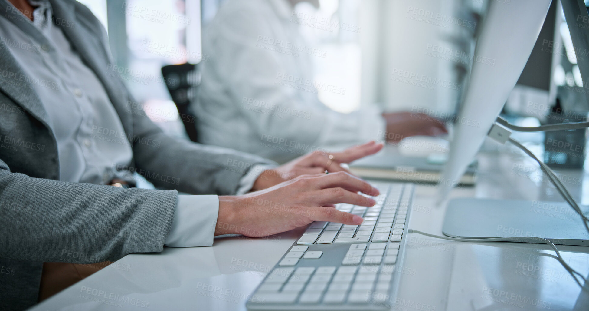 Buy stock photo Business, typing or hands in office with keyboard, pitch research or funding request in email. Coworking, person or finance advisor with computer, investment inquiry or proposal draft on web platform