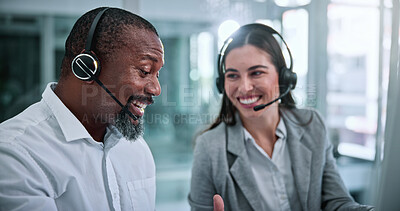 Buy stock photo Headset, conversation and business people in office for review, help desk or feedback on technical support. Happy, mic and call center consultant with manager for crm, customer service or contact us.