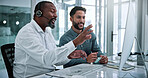 Call center, computer and team with business people in office for contact us, training and help desk. Customer support, coworking and tech hotline with employees in agency for consulting and advice