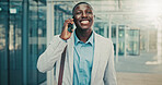 Phone call, attorney and happy black man in city for corporate case, legal negotiation or law advice. Mobile, lawyer and listen with contact in town for justice, communication or settlement update