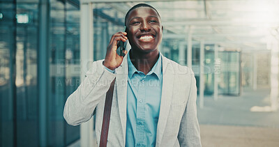 Buy stock photo Phone call, attorney and happy black man in city for corporate case, legal negotiation or law advice. Mobile, lawyer and listen with contact in town for justice, communication or settlement update